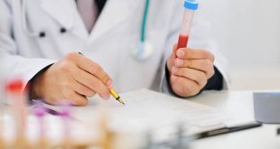 Closeup on hands of medical doctor holding blood sample and making notes