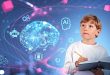 Child,Take,Notes,With,Digital,Ai,Brain,Hud,Hologram,,Digital