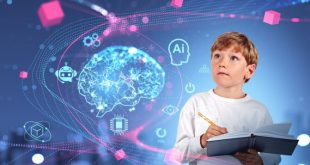 Child,Take,Notes,With,Digital,Ai,Brain,Hud,Hologram,,Digital