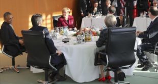 U S  President Barack Obama  German Chancellor Angela Merkel  French President Francois Hollande  Spain s Prime Minister Mariano Rajoy  Britain s Prime Minister Theresa May and  Italian Prime Minister Matteo Renzi meet at the chancellery in Berlin  Germany  November 18  2016  REUTERS Kay Nietfeld POOL