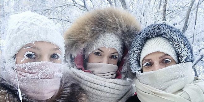 In this photo taken on Sunday  Jan  14  2018  Anastasia Gruzdeva  left  poses for selfie with her friends as the temperature dropped to about -50 degrees  -58 degrees Fahrenheit  in Yakutsk  Russia  Temperatures in the remote  diamond-rich Russian region of Yakutia have dropped to near-record lows  plunging to -67 degrees Centigrade  -88 6 degrees Fahrenheit  in some areas   sakhalife ru photo via AP